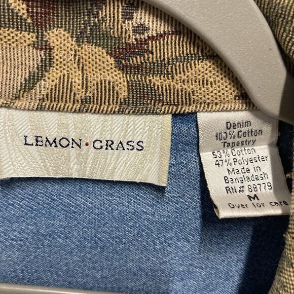 Vintage Lemon Grass Floral Upholstery Panel Button Long Sleeve Denim Jacket - Picture 3 of 5